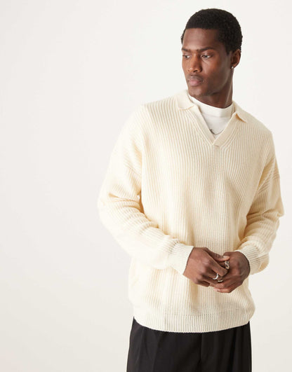 Oversized Ribbed Knitted Jumper With Notch Neck