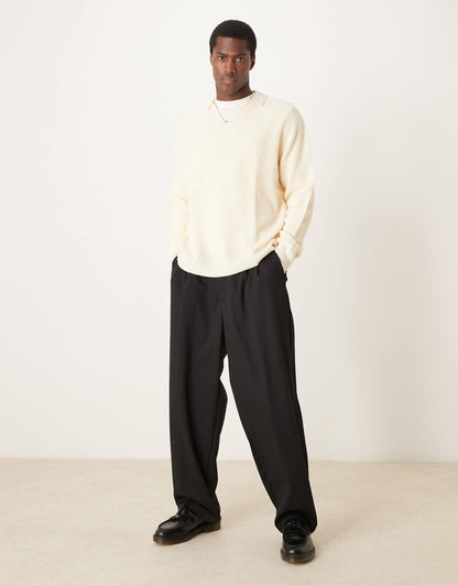 Oversized Ribbed Knitted Jumper With Notch Neck