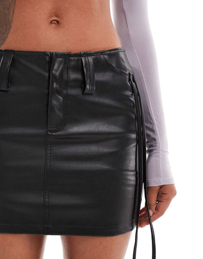 Leather Look Tie Side Cargo Mini Skirt