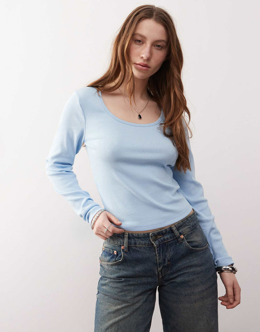 Ribbed Long Sleeve Square Neck Top