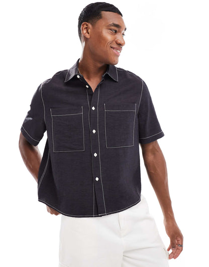Relaxed Boxy Shirt With Short Sleeves And Contrast Stitch