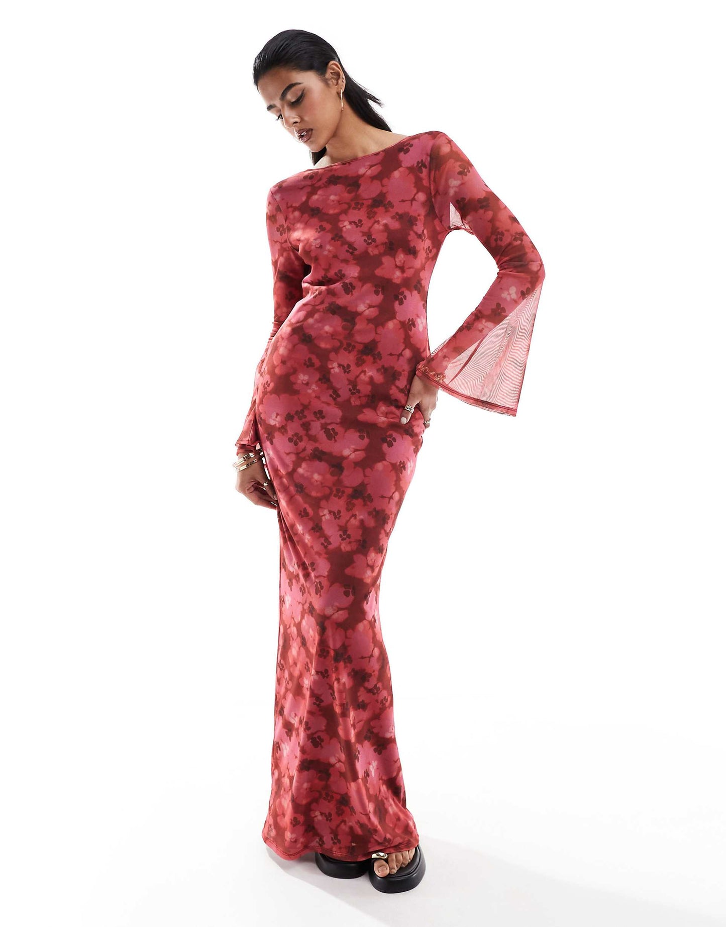 Low Back Floral Mesh Maxi Dress With Angel Sleeves