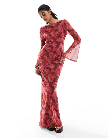 Low Back Floral Mesh Maxi Dress With Angel Sleeves