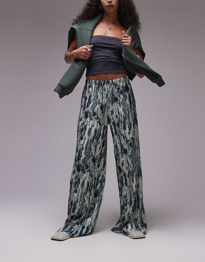 Ink Spill Print Plisse Wide Leg Trousers