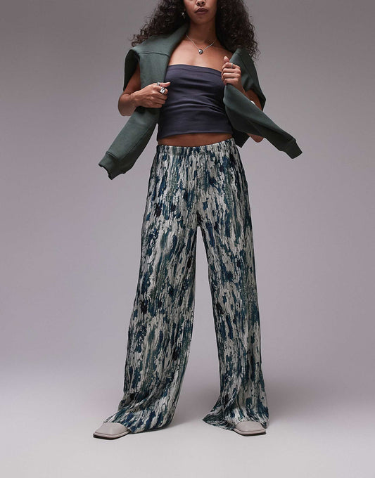 Ink Spill Print Plisse Wide Leg Trousers