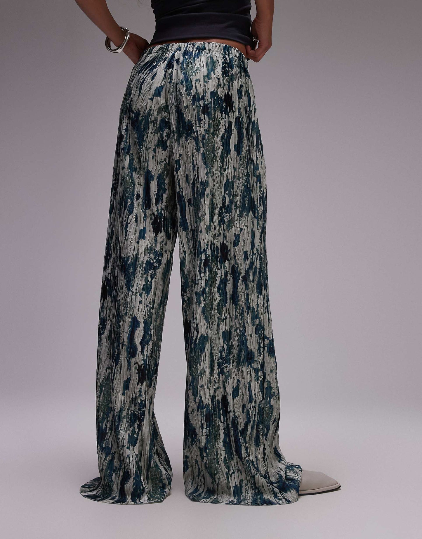 Ink Spill Print Plisse Wide Leg Trousers