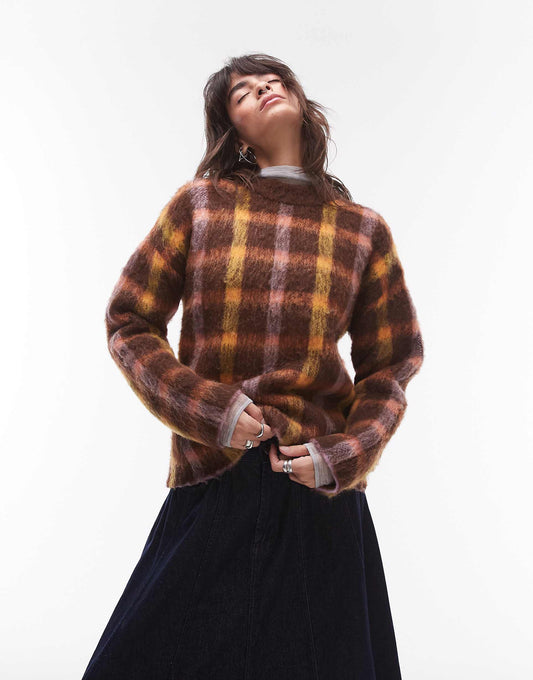 Knitted Blurred Check Relaxed Longline Jumper