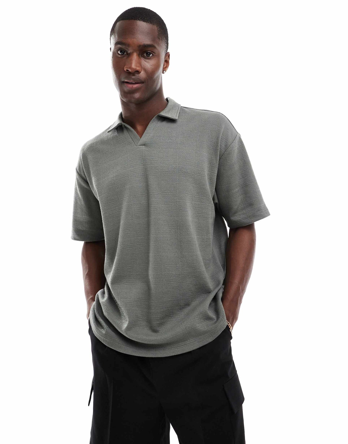 Oversized Relaxed Polo Shirt With Check Texture