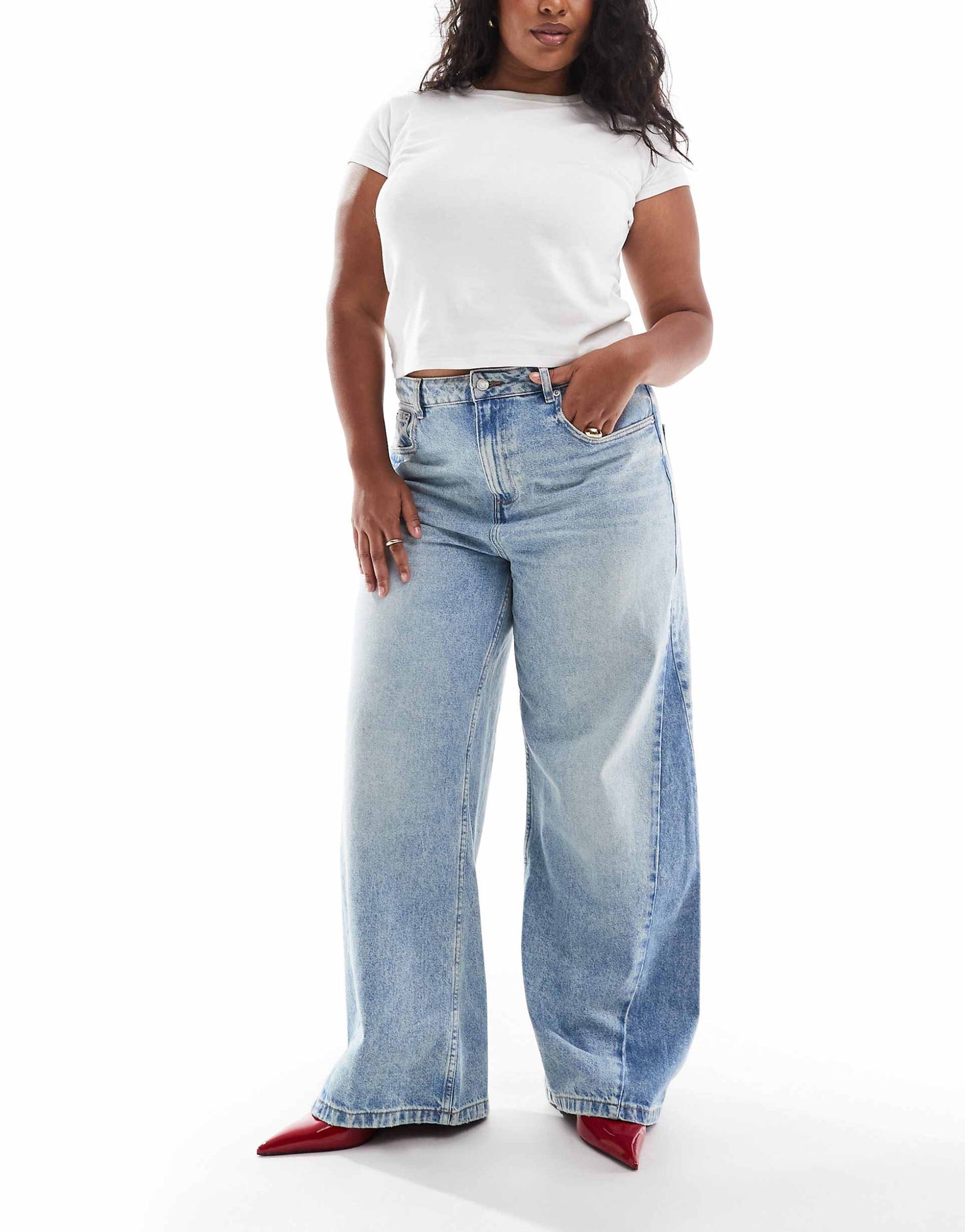 Curve High Waisted Wide Leg Jeans With Cinch And Patchwork Twisted Seam