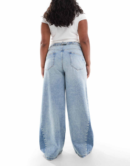 Curve High Waisted Wide Leg Jeans With Cinch And Patchwork Twisted Seam