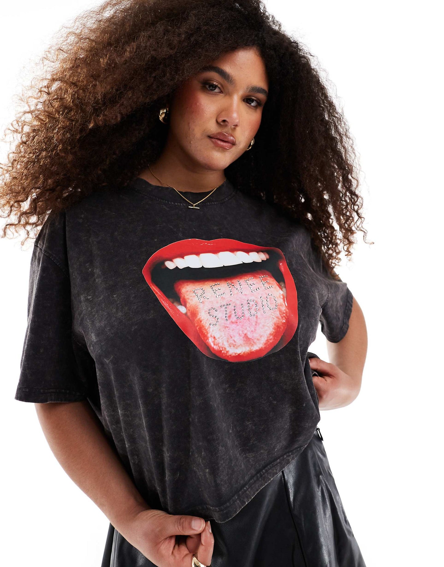 Acid Wash Hot Fix Mouth Motif T-Shirt