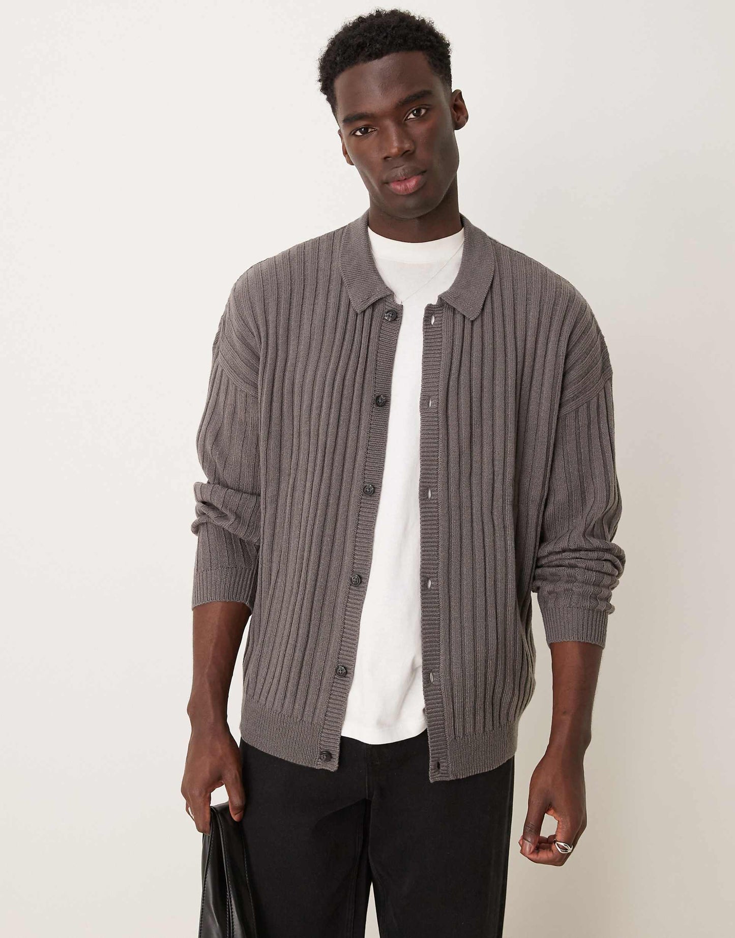 Oversized Ribbed Cardigan With Collar