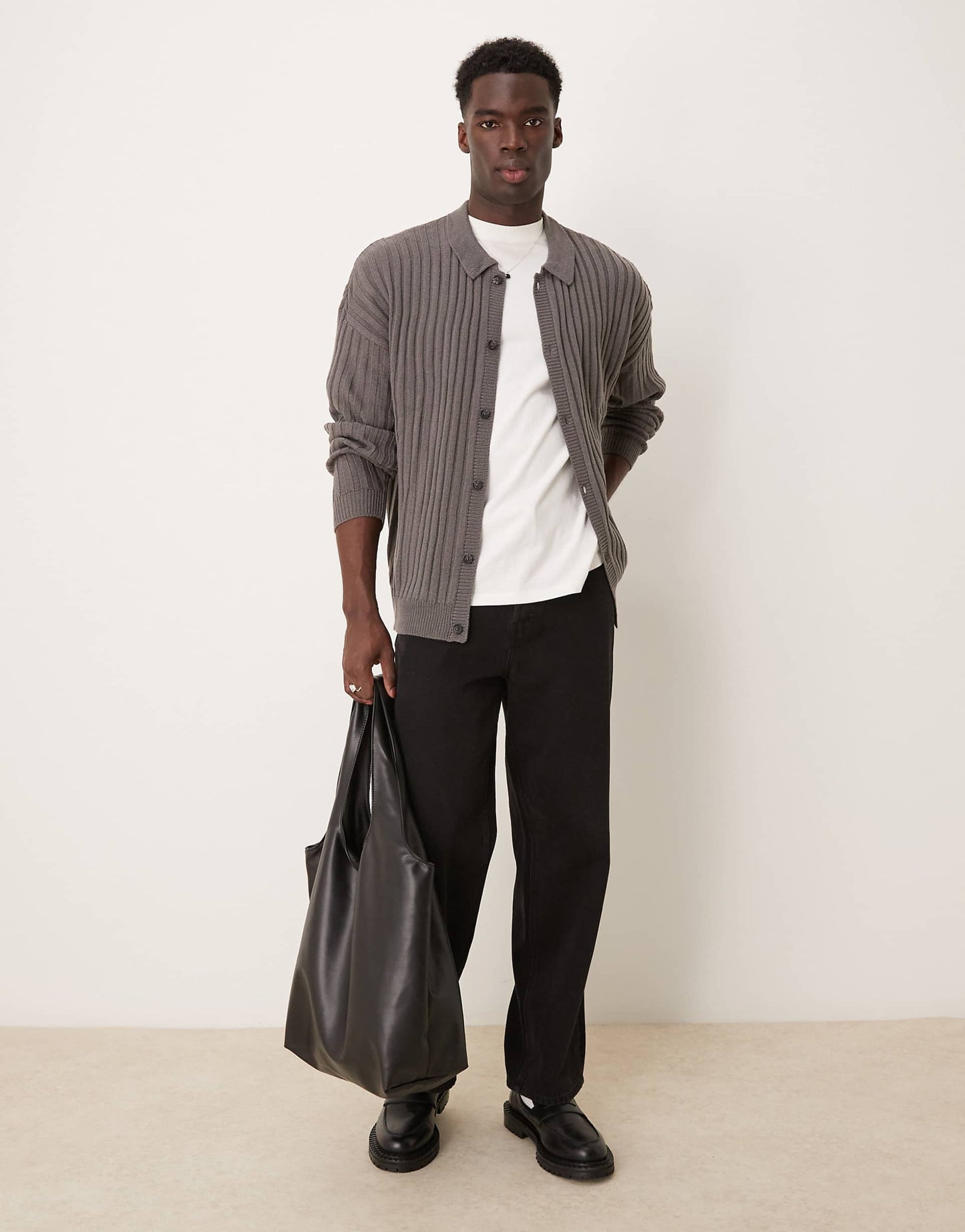 Oversized Ribbed Cardigan With Collar