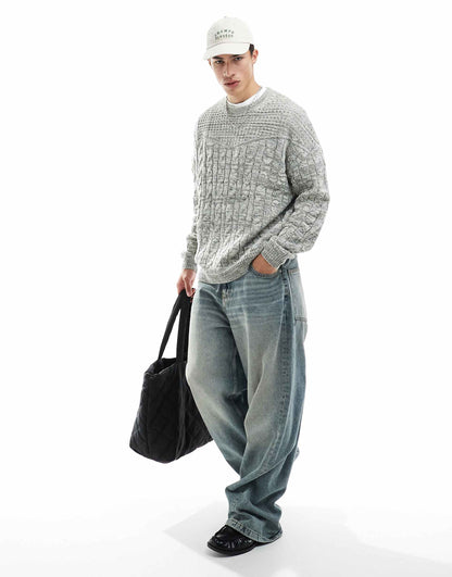 Knitted Crew Neck Jumper With Cable Knit Detail