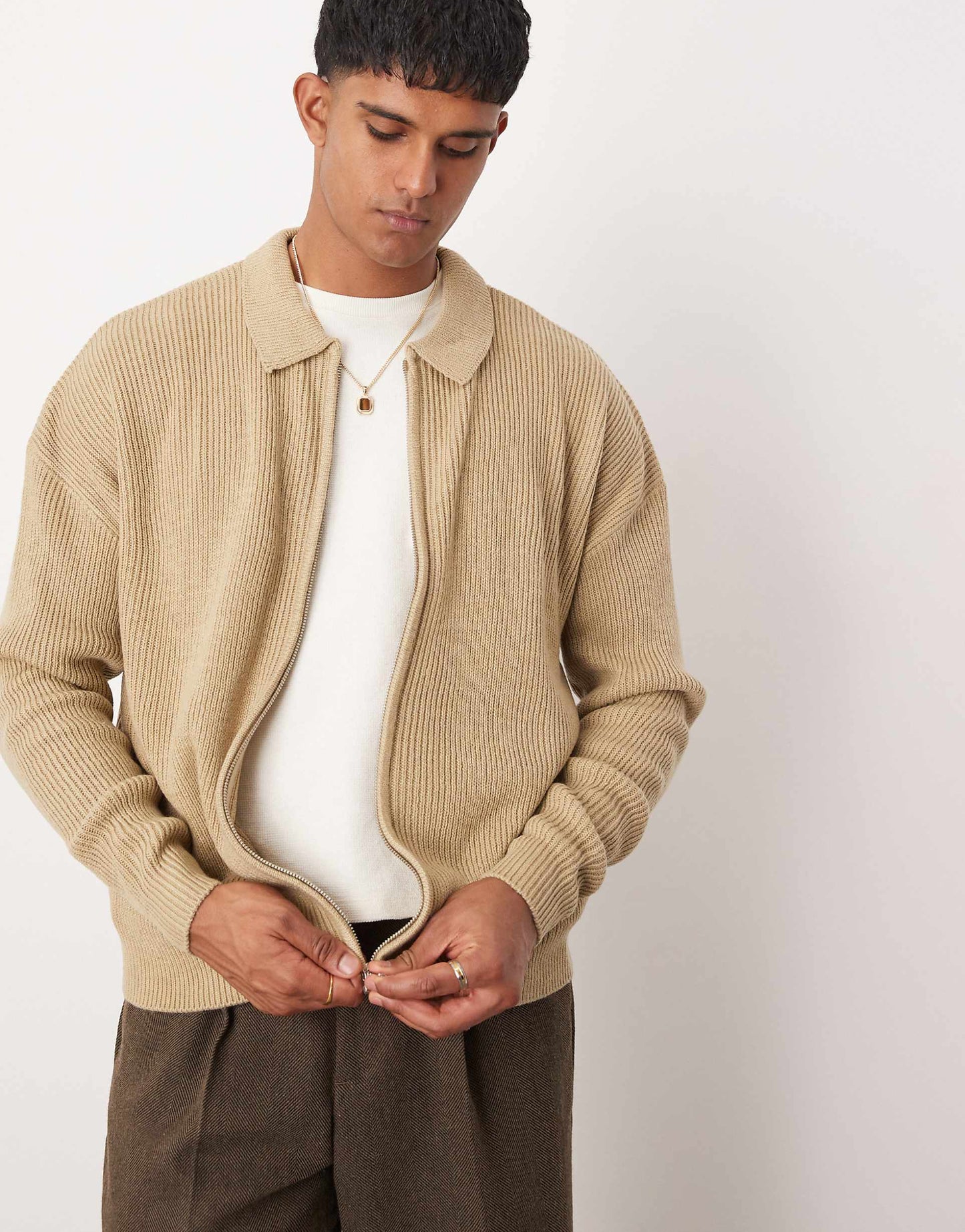 Oversized Ribbed Knitted Zip Thru Cardigan With Collar