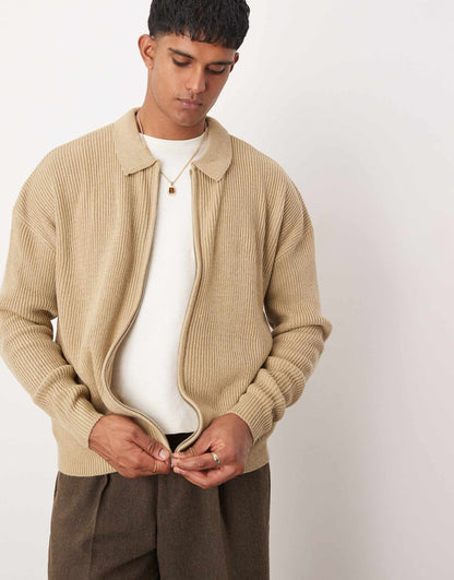 Oversized Ribbed Knitted Zip Thru Cardigan With Collar