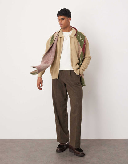 Oversized Ribbed Knitted Zip Thru Cardigan With Collar