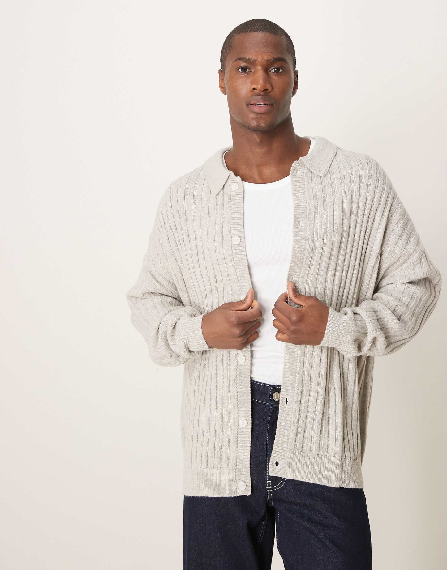 Oversized Ribbed Cardigan With Collar
