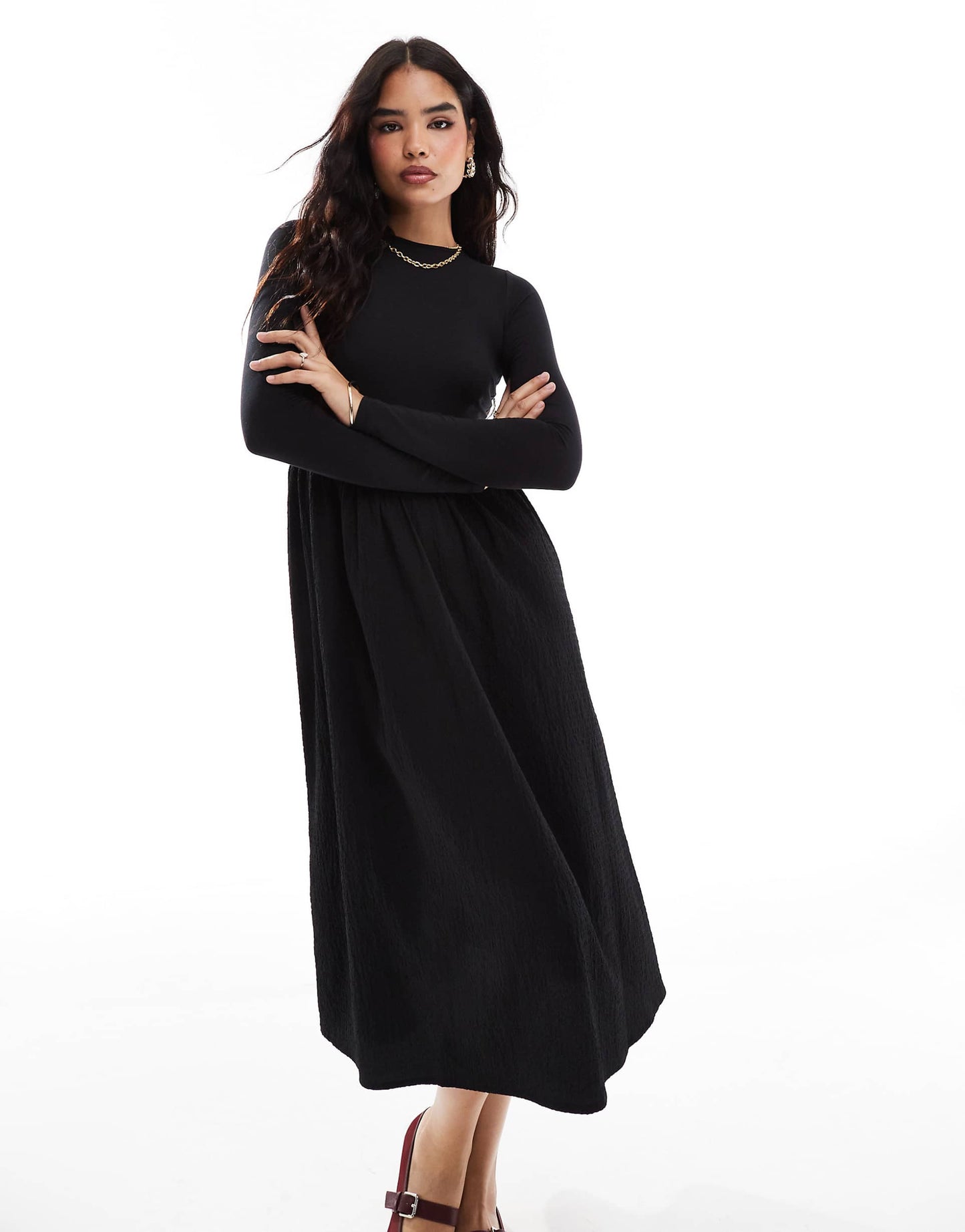 Long Sleeve Volume Skirt Midi Dress