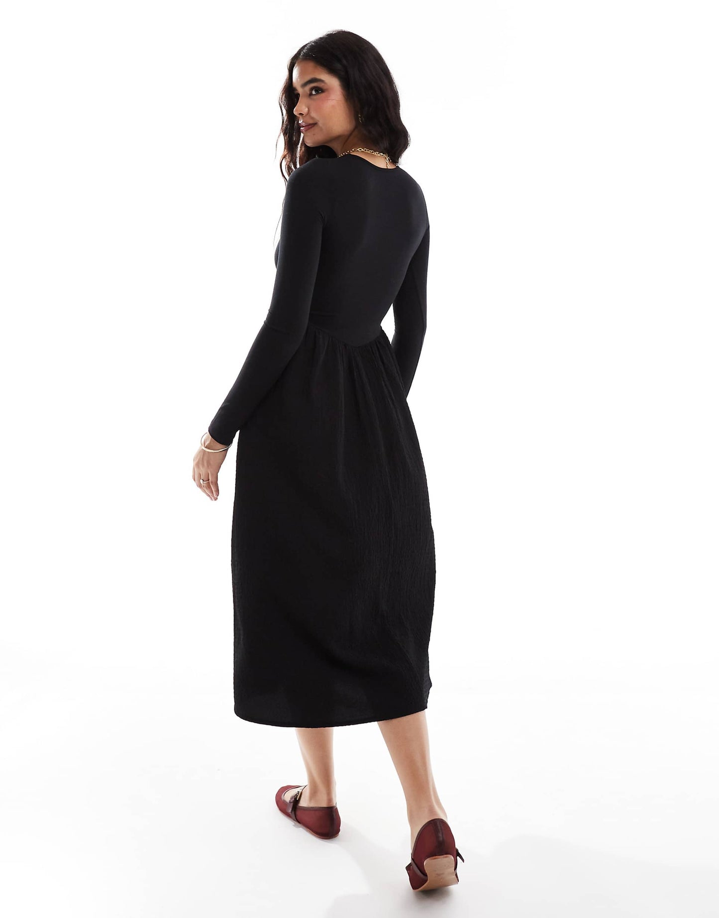 Long Sleeve Volume Skirt Midi Dress