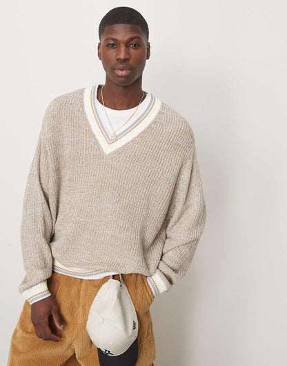 Oversized Boxy Fit Knitted V-Neck Jumper With Tipping