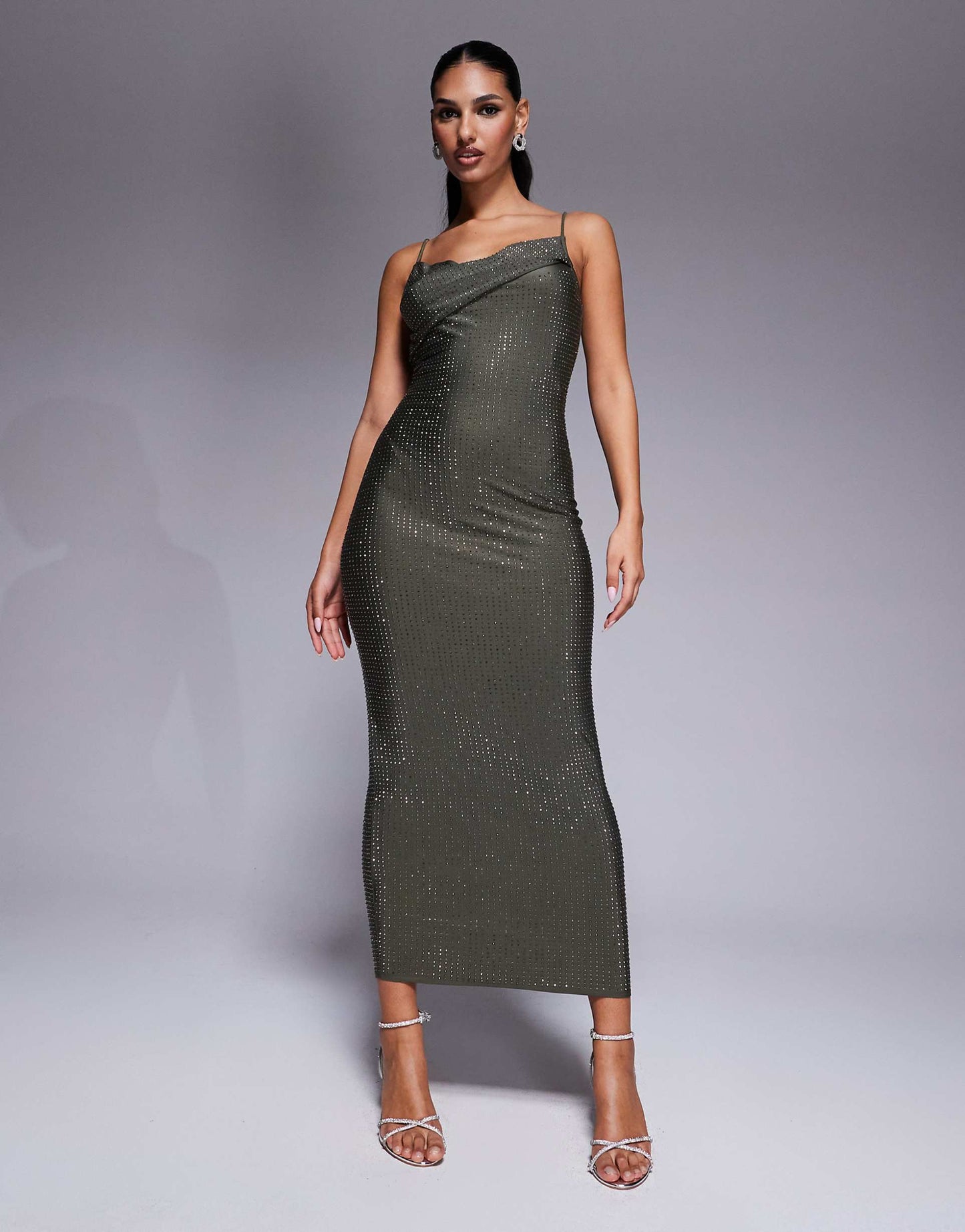 Sculpting Jersey Studded Midi Dress With Fold Over Shoulder