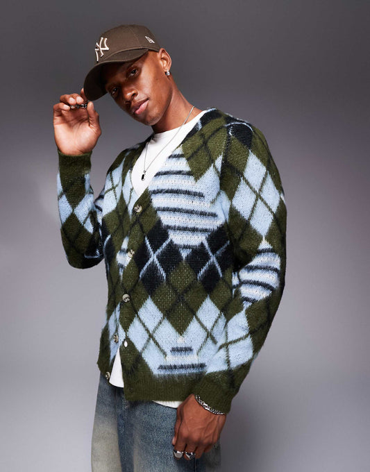 Fluffy Knitted Cardigan With Argyle Pattern