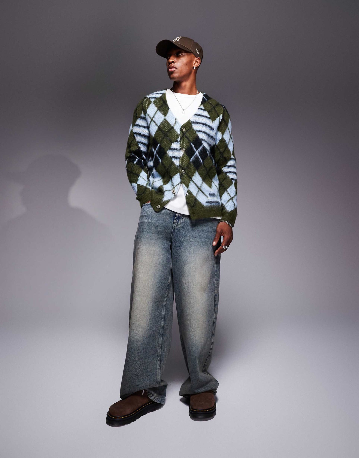 Fluffy Knitted Cardigan With Argyle Pattern