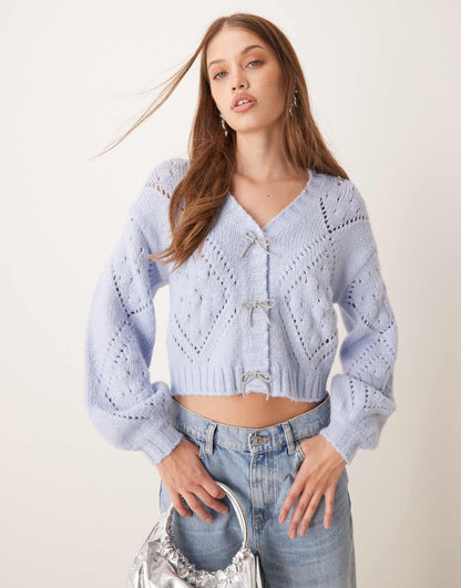 Exclusive Pointelle Stitch Diamante Bow Balloon Sleeve Cardigan