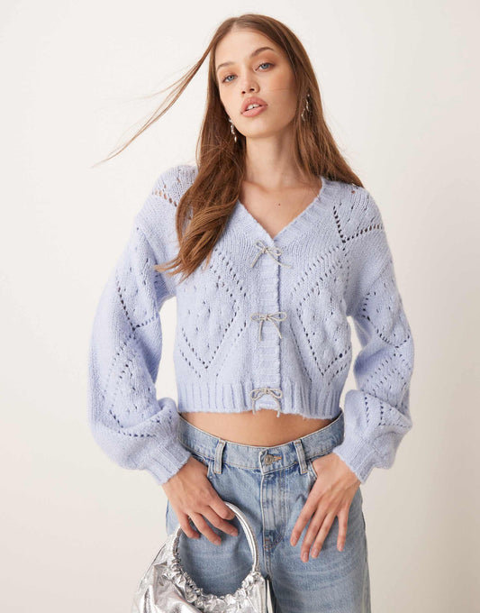 Exclusive Pointelle Stitch Diamante Bow Balloon Sleeve Cardigan