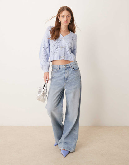 Exclusive Pointelle Stitch Diamante Bow Balloon Sleeve Cardigan