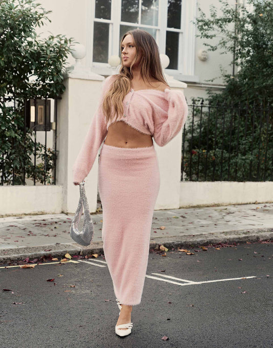 Fluffy Diamante Button Through Cardigan Co-Ord