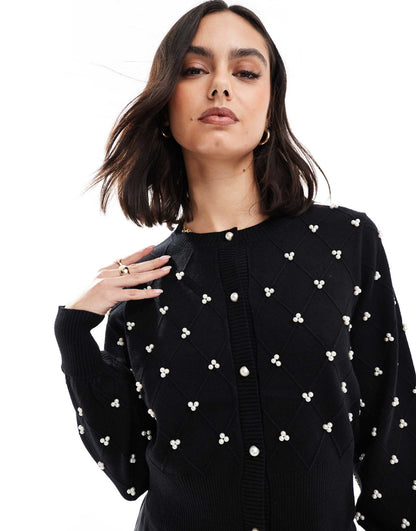 Exclusive Pearl Detail Diamond Stitch Puff Sleeve Cardigan