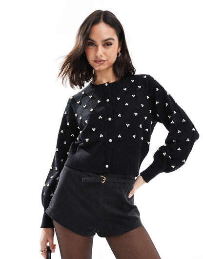 Exclusive Pearl Detail Diamond Stitch Puff Sleeve Cardigan