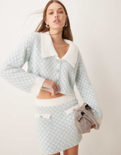 Exclusive Fluffy Diamante Button Through Diamond Stitch Collar Detail Cardigan Co-Ord