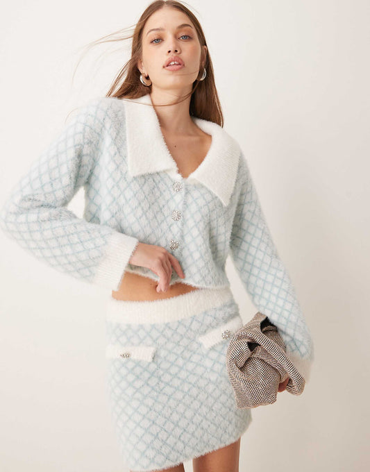 Exclusive Fluffy Diamante Button Through Diamond Stitch Collar Detail Cardigan Co-Ord