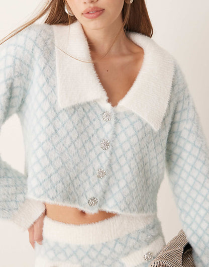 Exclusive Fluffy Diamante Button Through Diamond Stitch Collar Detail Cardigan Co-Ord