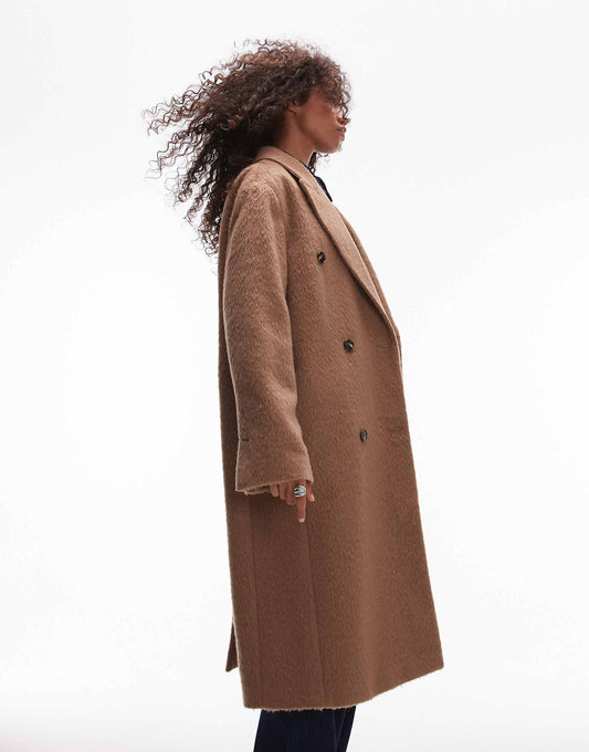 Wool Look Double Breasted Brushed Coat