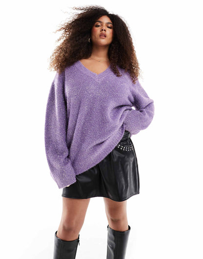 Tinsel V Neck Wide Sleeve Jumper