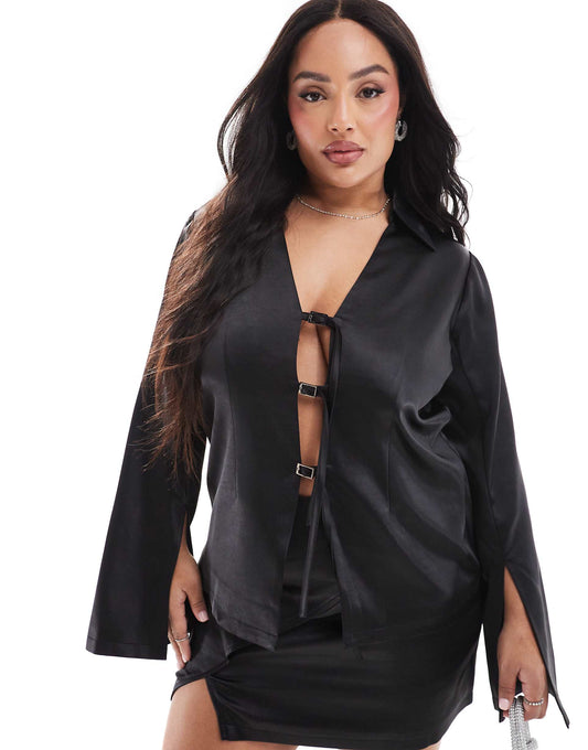 Satin Buckle Front Detail Wide Cut Sleeve Shirt Co-Ord