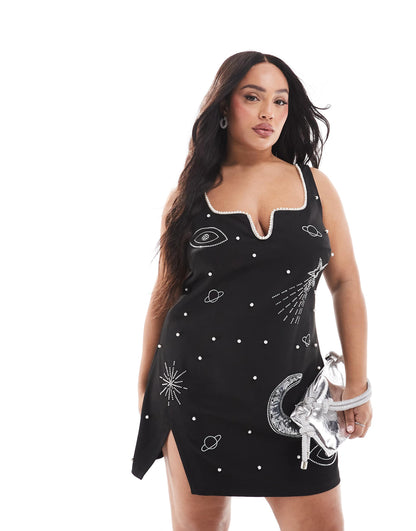 Celestial Sequin And Pearl Embellished Side Split Mini Dress