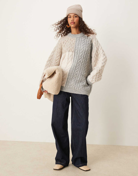 Crew Neck Jumper With Patchwork Cable