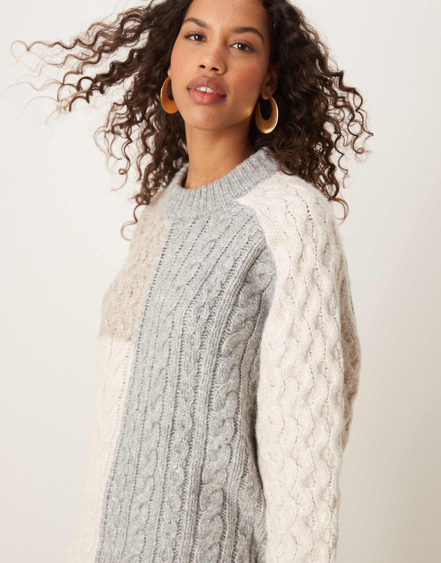 Crew Neck Jumper With Patchwork Cable
