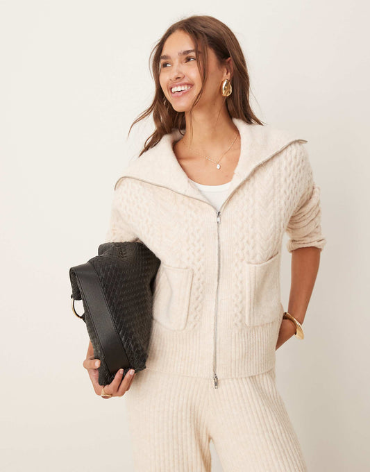 Knitted Fly Collar Cardigan With Zip And Cable Detail Co-Ord