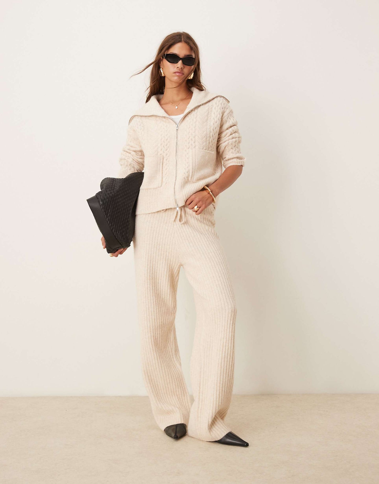 Knitted Fly Collar Cardigan With Zip And Cable Detail Co-Ord