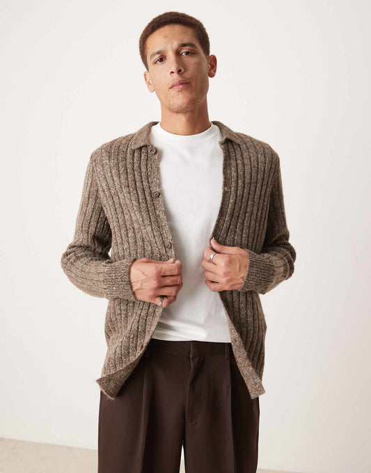 Brushed Ribbed Knitted Collar Cardigan