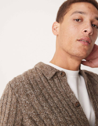 Brushed Ribbed Knitted Collar Cardigan