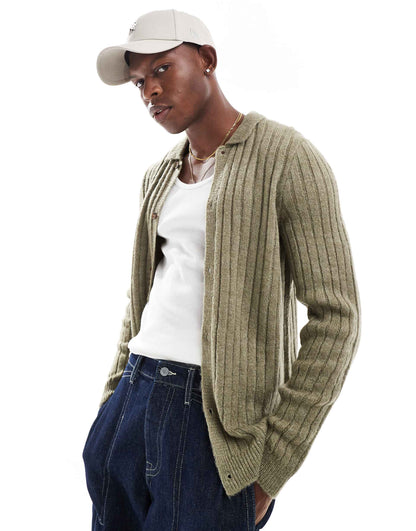 Brushed Ribbed Knitted Collar Cardigan