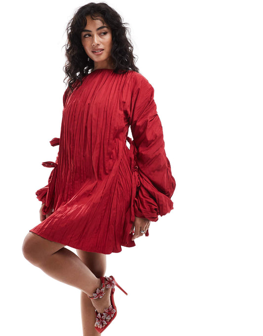 Structured Satin Crinkle Tie Detail Cocoon Sleeve Mini Dress