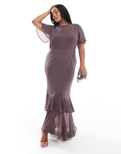 Curve Dobby Angel Sleeve Tiered Frill Maxi Dress